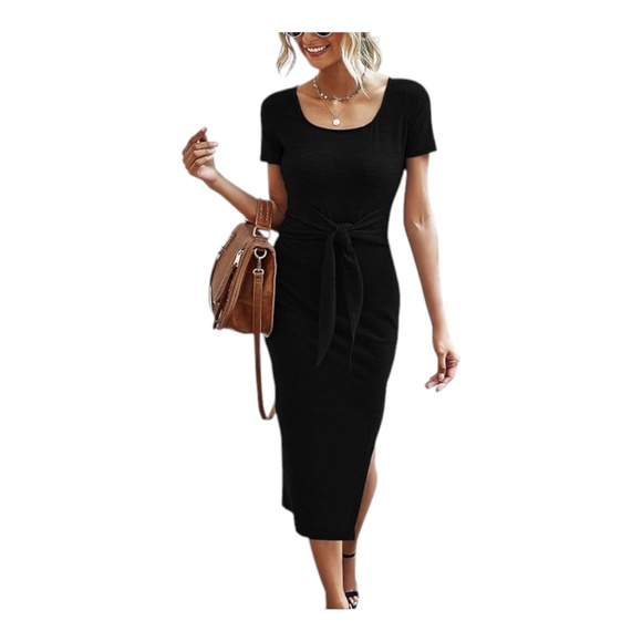Summer Dress Bodycon Short Sleeve Tie Waist Midi Dress - Picture 1 of 9
